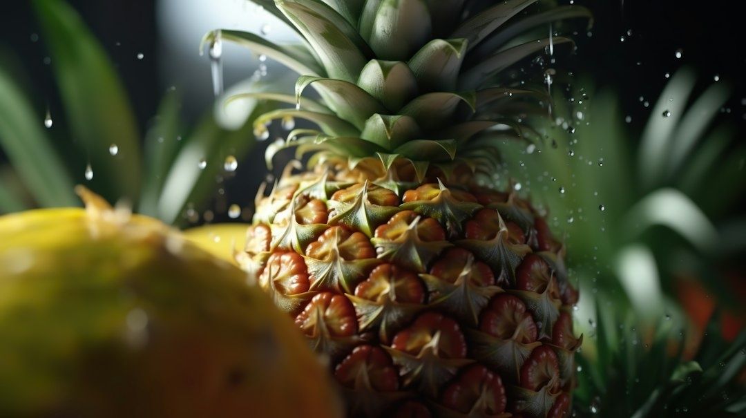 Närbild av en färsk ananas med vattendroppar och gröna blad